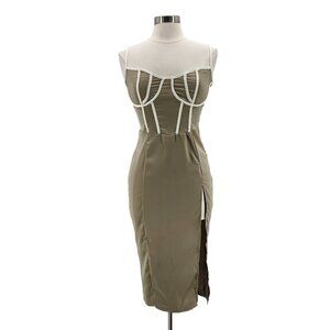 NWD PrettyLittleThing Pale Olive Satin Contrast Binding Strappy Midi Dress Sz 8